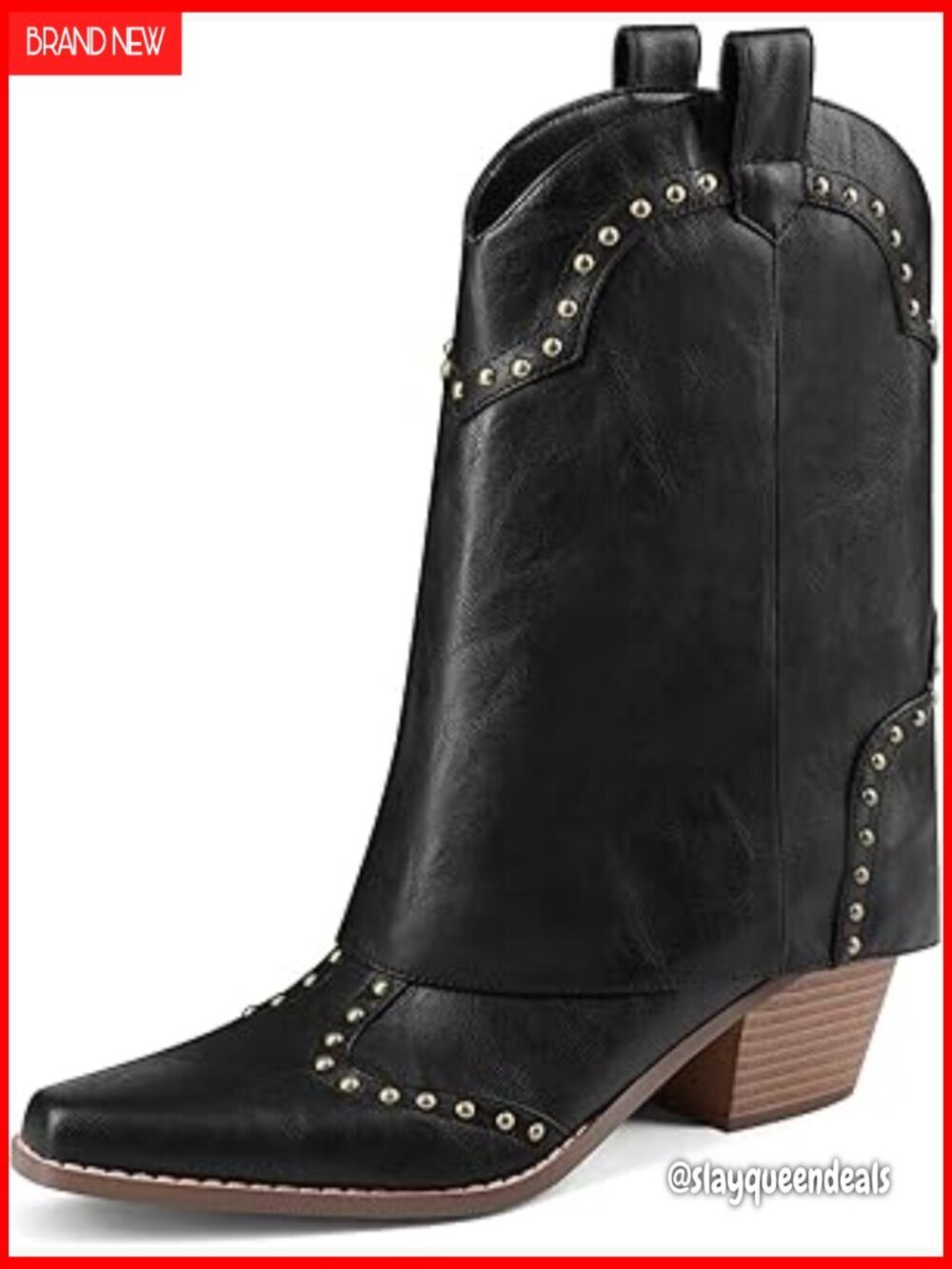 Women's Ankle Boots Fold Over Cowboy Chunky Heel Studded Snip Toe Pull On